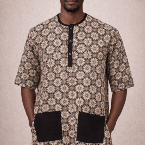 Men’s Classic Ankara Short-Sleeve Tunic/Kaftan with Contrast Pockets