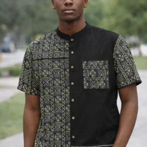 Men’s Half Shweshwe Eagle Eye Print & Black Panel African Shirt