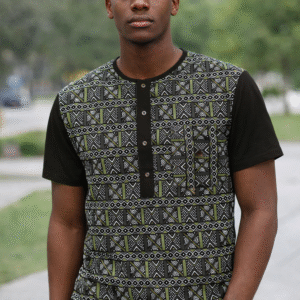 Men’s Shweshwe Eagle Eye Print Shirt with Black Sleeve